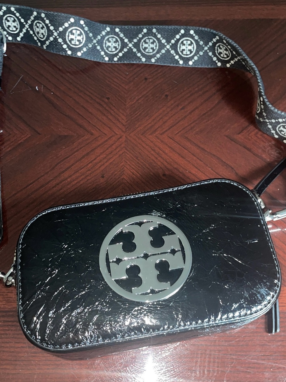 Tory Burch Black Patent Logo Camera Crossbody with Monogram Strap